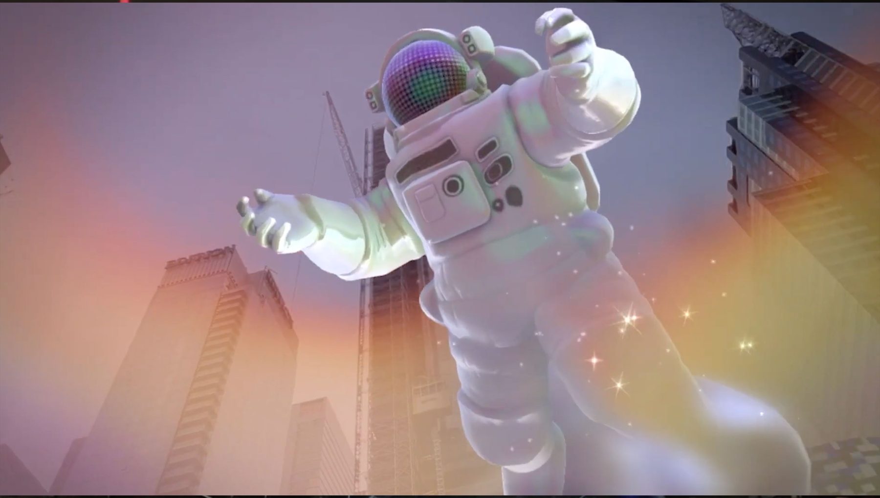 A giant AR astronaut towering between city buildings