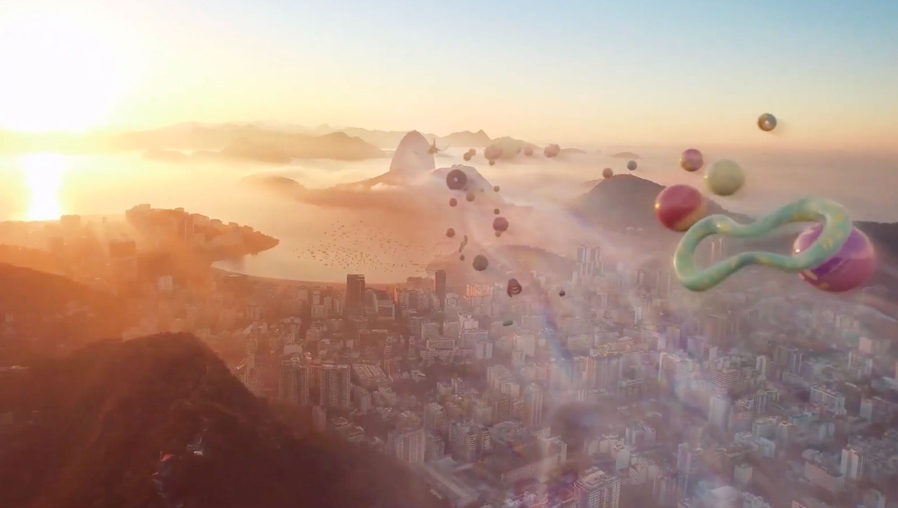 AR forms drifting over Rio de Janeiro at sunrise