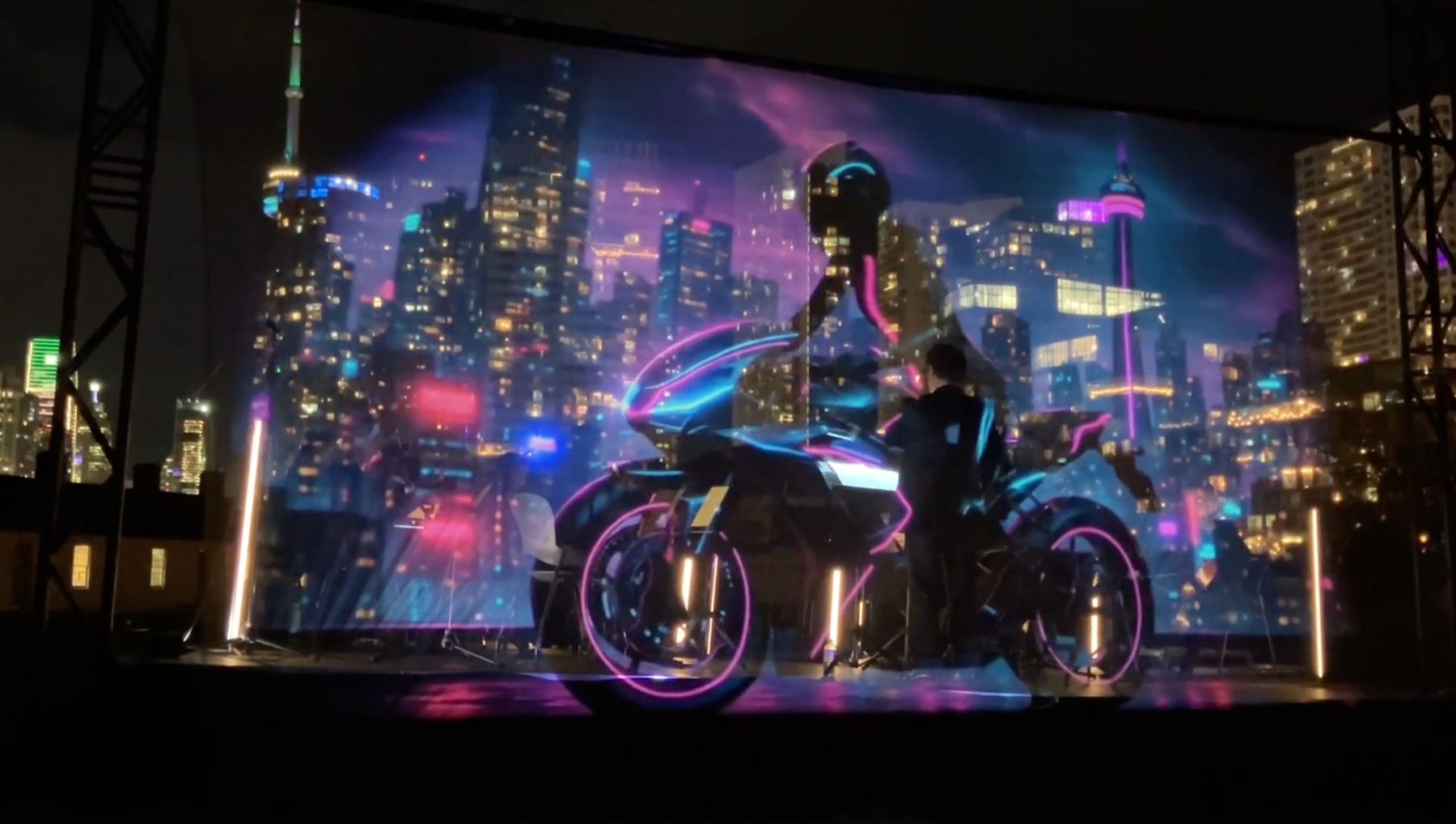 A neon-lit rider and motorcycle rendered against a cyberpunk cityscape